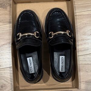 Steve Madden Black Patent Leather Loafers with Gold Bit